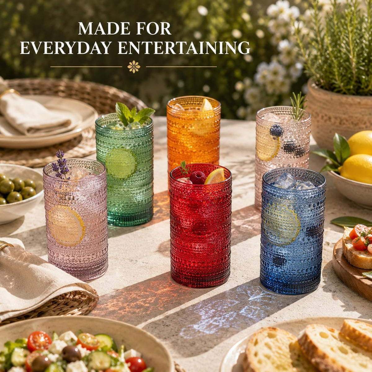 Khen Plastic Hobnail Drinking Highball Glasses Set of 6 Neutral Tones Cups 14oz, Shatterproof & Unbreakable Acrylic Beaded Design, BPA-Free, Dishwasher Safe Indoor/Outdoor Drinkware Water, Cocktails