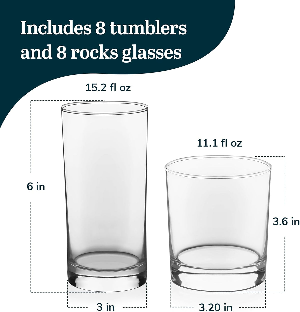 Libbey Province Tumbler & Rocks Drinking Glasses Set of 16, Tall Glass Cups