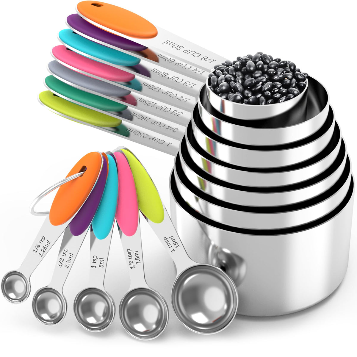 TILUCK Nesting Measuring Cups and Spoons Set, Stainless Steel with Soft Silicone Handle – Heavy Duty & Dishwasher Safe for Measuring Dry/Liquid Ingredients, Ideal for Cooking & Baking (10)