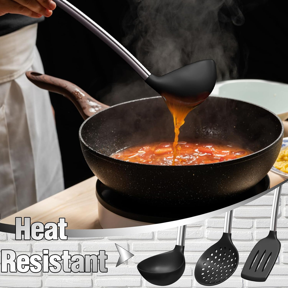 Umite Chef Thickened Kitchen Utensils Set- Silicone Cooking Utensils Set for Nonstick Cookware-Silicone Spatulas Set, Heavy Duty Stainless Steel Handle-Black Kitchen Gadgets Tools Set