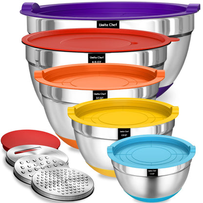 Umite Chef Mixing Bowls with Airtight Lids Set, 8PCS Stainless Steel Nesting Bowls with Grater Attachments, Non-Slip Bottoms, 5, 4, 3.5, 2, 1.5QT for Mixing & Serving