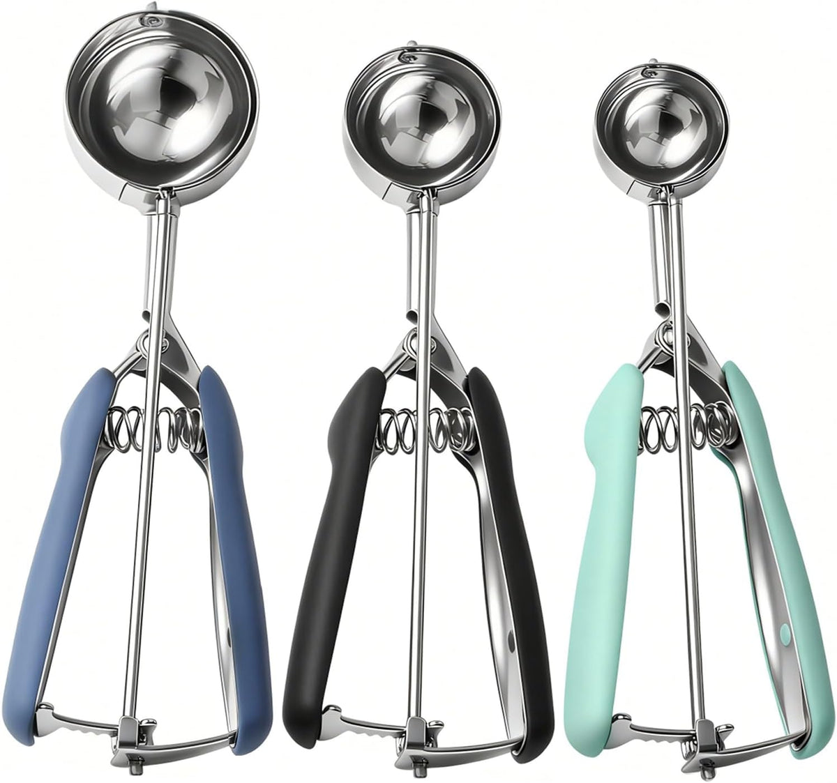 Cookie Scoop set, Cookie Scoops for Baking Set of 3, Size #60/ #40/ #20, Cookie Dough Scoop, Non-Slip Grip, Blue/Black/Mint Handle, For Cookies Muffin Cupcake Meatball Ice Cream