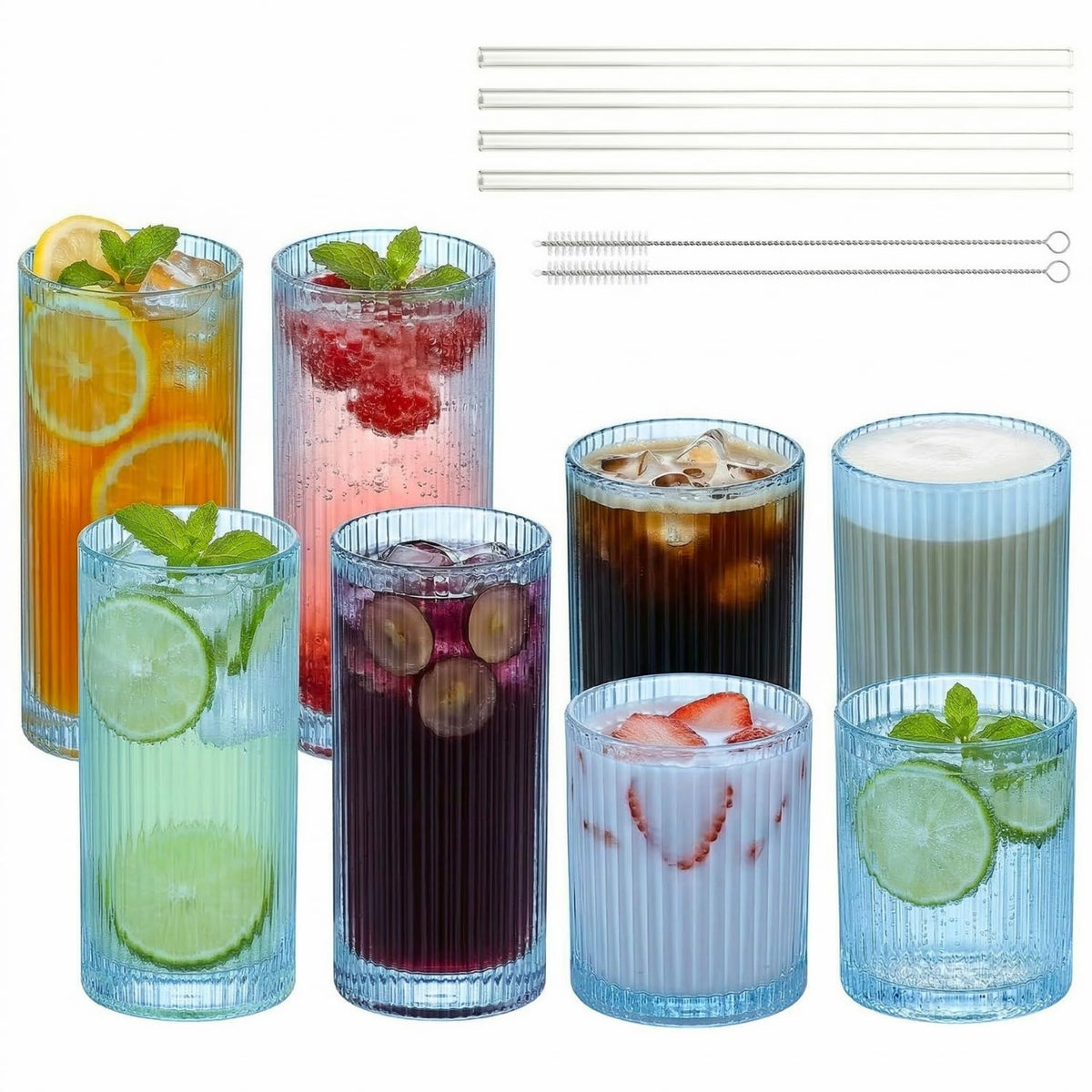 Ribbed Glass Cups with Straws, Pink Glass Drinking Cups, Drinking Glasses Set of 8, 13oz Highball & 10oz Water Glasses, Vintage Kitchen Glassware Set for Juice, Coffee, Cocktail, Whiskey