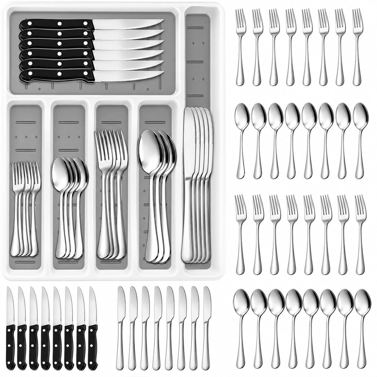 49-Piece Silverware Set with Organizer, Stainless Steel Flatware Utensils Set for 8, Forks and Spoons Silverware Set Cutlery Set with Steak Knives, Dishwasher Safe