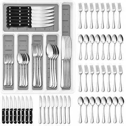 49-Piece Silverware Set with Organizer, Stainless Steel Flatware Utensils Set for 8, Forks and Spoons Silverware Set Cutlery Set with Steak Knives, Dishwasher Safe