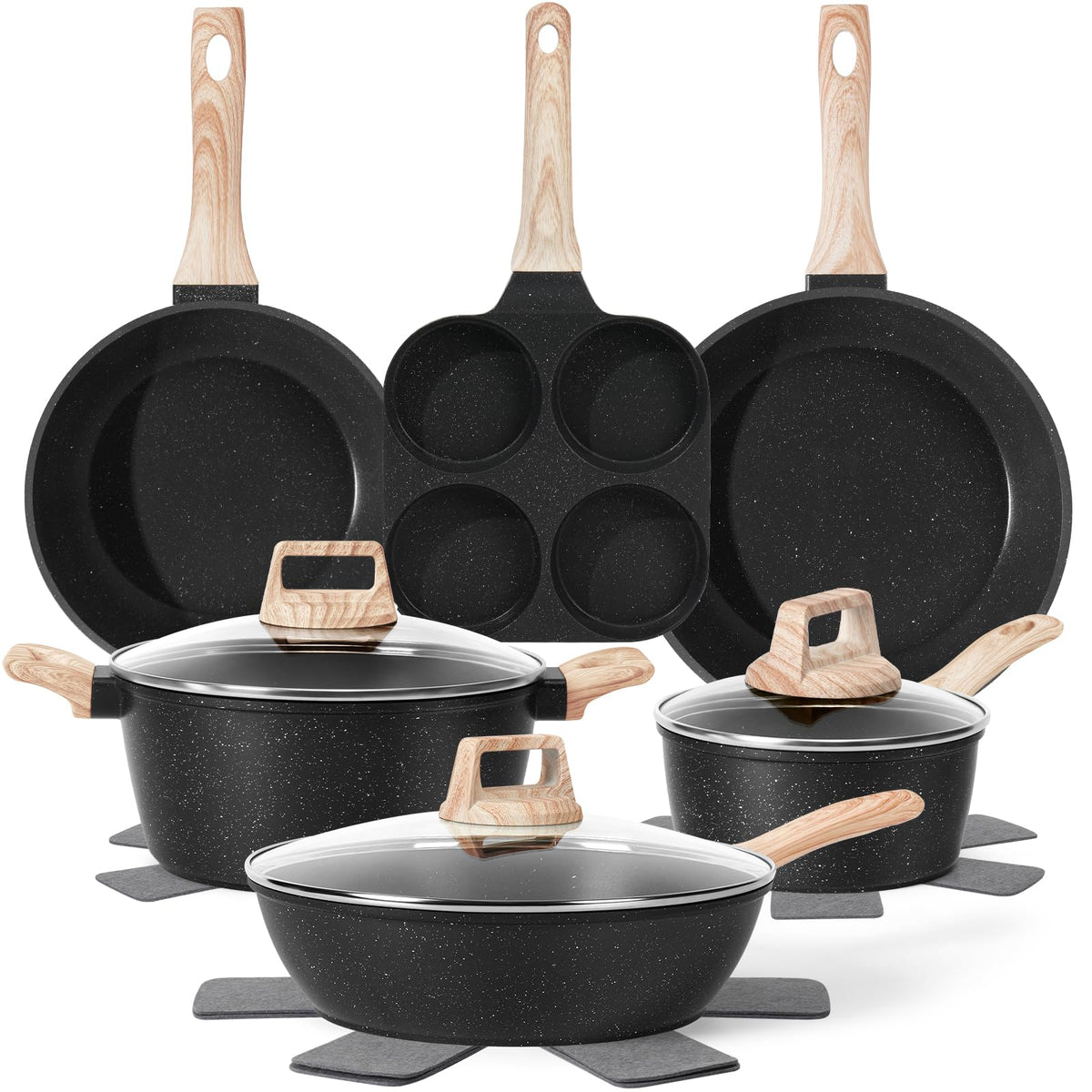 SODAY Pots and Pans Set Non Stick, 12Pcs Black Granite Induction Cookware