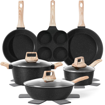 SODAY Pots and Pans Set Non Stick, 12Pcs Black Granite Induction Cookware