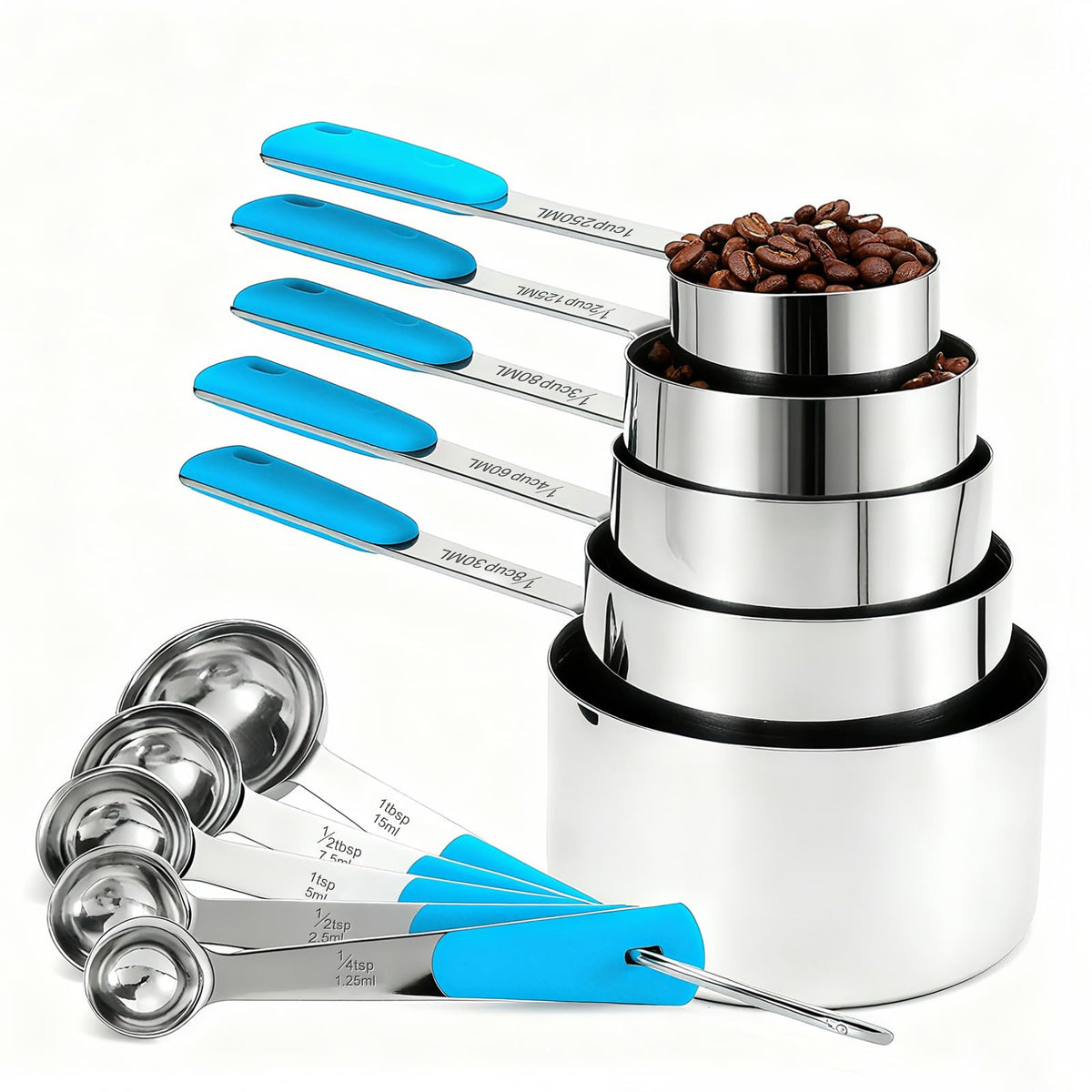 Bopei 10-Pcs Stainless Steel Measuring Cups & Spoons Set, Colorful Handles