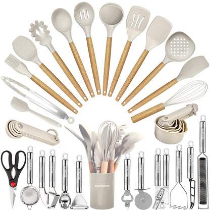 Cooking Utensils Set- 35 PCs Kitchen Utensils with Grater,Tongs, Spoon Spatula &Turner Made of Heat Resistant Food Grade Silicone and Wooden Handles Kitchen Gadgets Tools Set for Nonstick Cookware