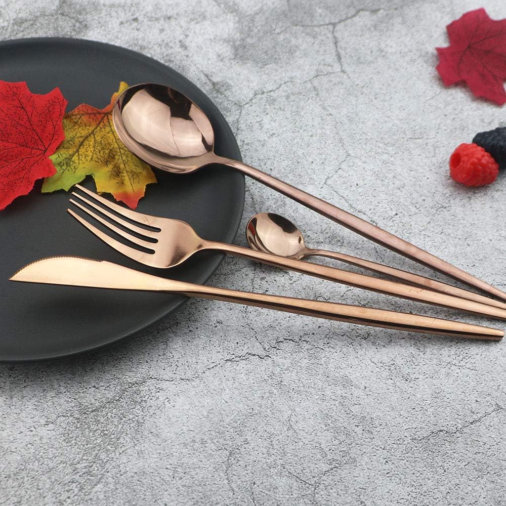 JASHII 24 Pieces 304 Stainless Steel Rose Cutlery Set Home Kitchen Silverware Set, Mirror Polished, Knife/Fork/Spoon, Modern Elegant Silverware Set for Party, Christmas