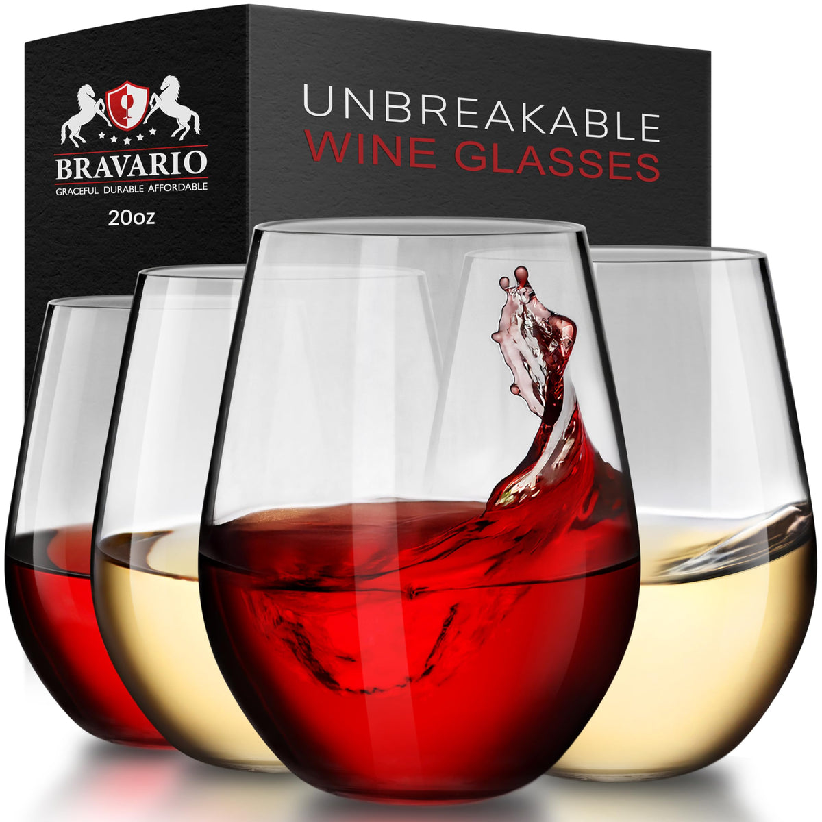 Bravario Unbreakable Stemless Plastic Wine Glasses | Reusable | Shatterproof 100% Tritan Plastic | Dishwasher-Safe | BPA-free | Awesome for Indoor & Outdoor | 16 oz, Set of 4
