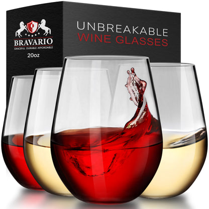 Bravario Unbreakable Stemless Plastic Wine Glasses | Reusable | Shatterproof 100% Tritan Plastic | Dishwasher-Safe | BPA-free | Awesome for Indoor & Outdoor | 16 oz, Set of 4