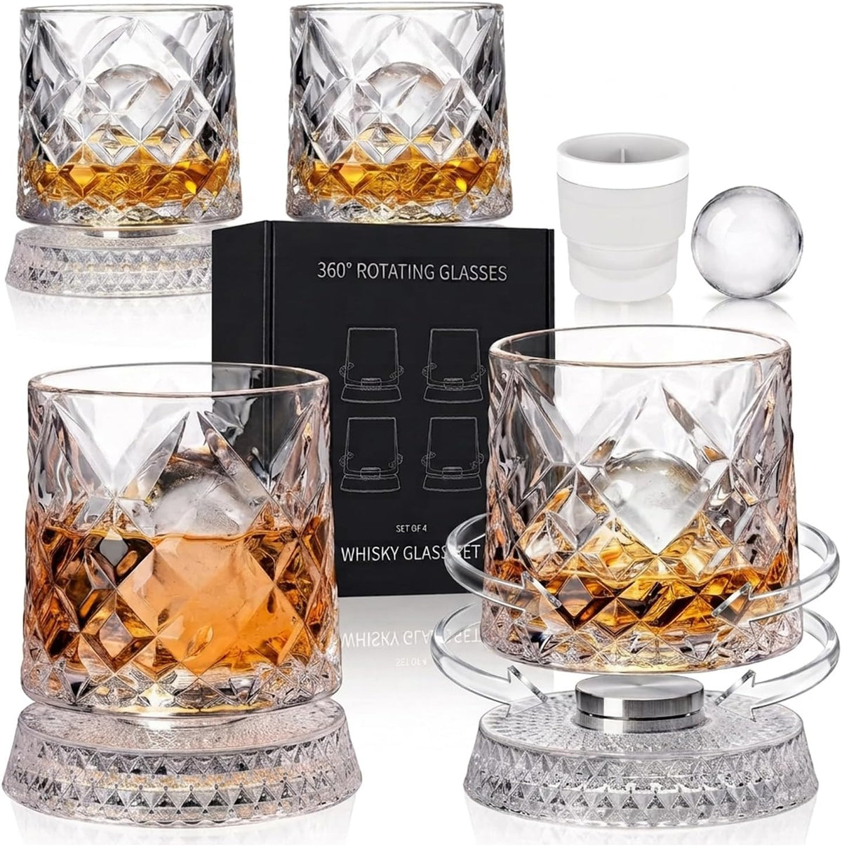 Spinning Whiskey Glasses Set of 4 with Ice Ball Molds, 9.5oz Lead-Free Rotating Old Fashioned Rocks Glasses, Premium Bourbon Tasting Cups, Unique Barware Gifts for Men, Dad, Husband