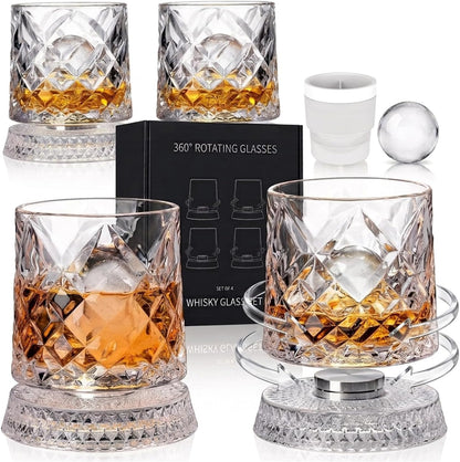 Spinning Whiskey Glasses Set of 4 with Ice Ball Molds, 9.5oz Lead-Free Rotating Old Fashioned Rocks Glasses, Premium Bourbon Tasting Cups, Unique Barware Gifts for Men, Dad, Husband