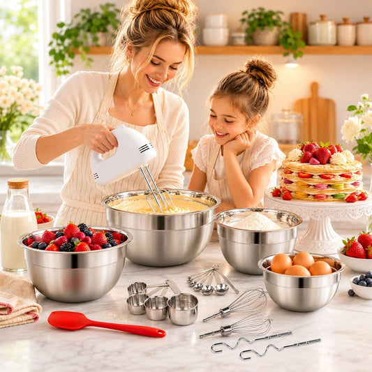 WEPSEN 5-Speed Electric Hand Mixer, 4 Large Mixing Bowls Set, Handheld Mixers with Whisks Beater, Stainless Steel Metal Nesting Bowl Measuring Cups Spoons Kitchen Cake Blender for Baking Supplies