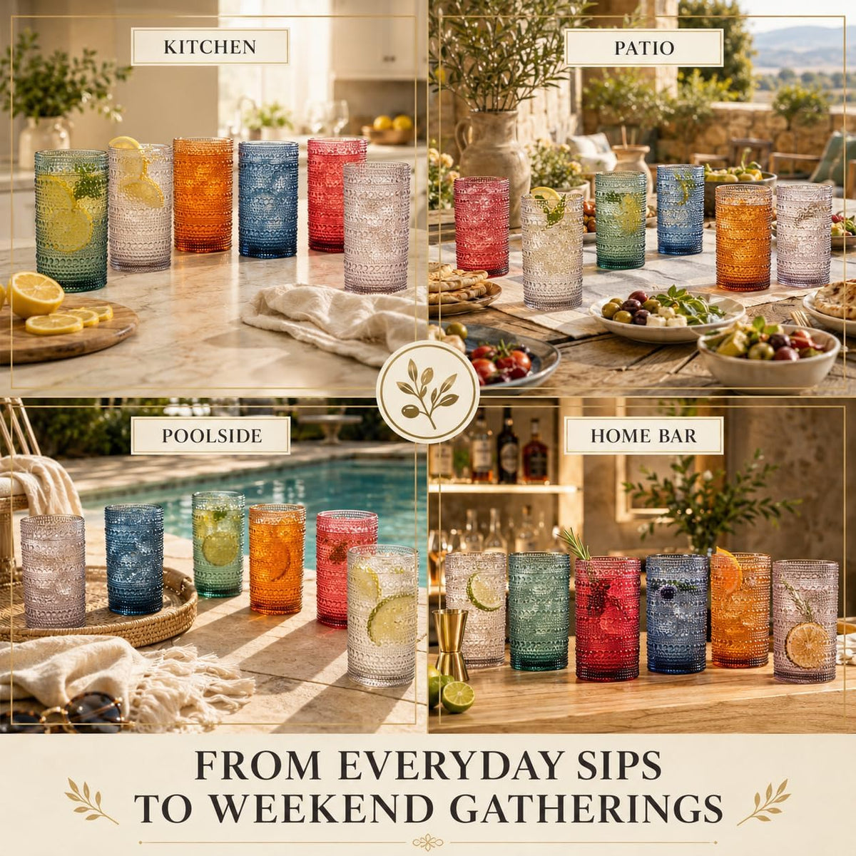 Khen Plastic Hobnail Drinking Highball Glasses Set of 6 Neutral Tones Cups 14oz, Shatterproof & Unbreakable Acrylic Beaded Design, BPA-Free, Dishwasher Safe Indoor/Outdoor Drinkware Water, Cocktails