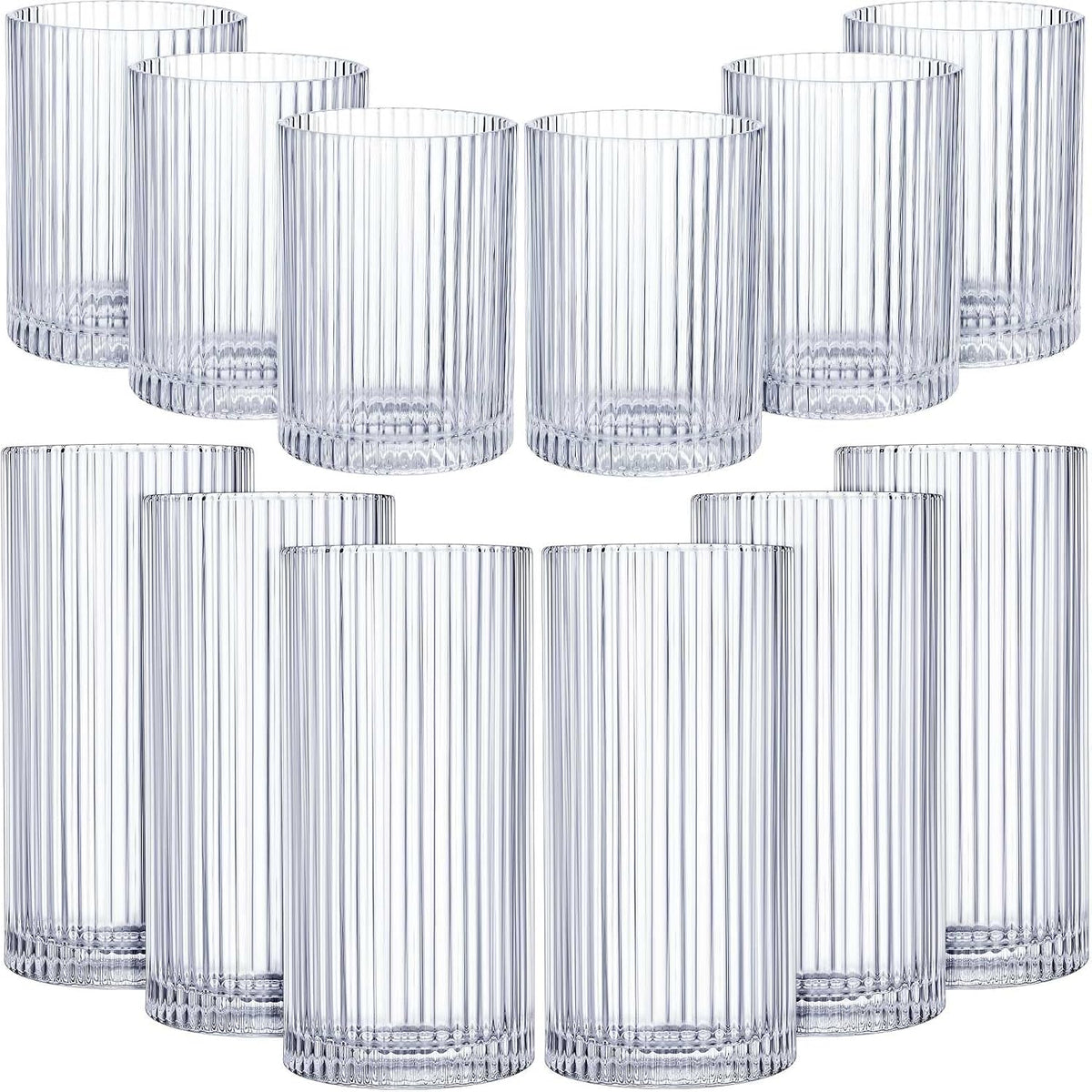 Zhehao 12 Pcs Ribbed Drinking Glasses Clear Vintage Cups Set, 9 oz 12 oz