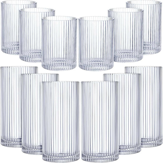 Zhehao 12 Pcs Ribbed Drinking Glasses Clear Vintage Cups Set, 9 oz 12 oz