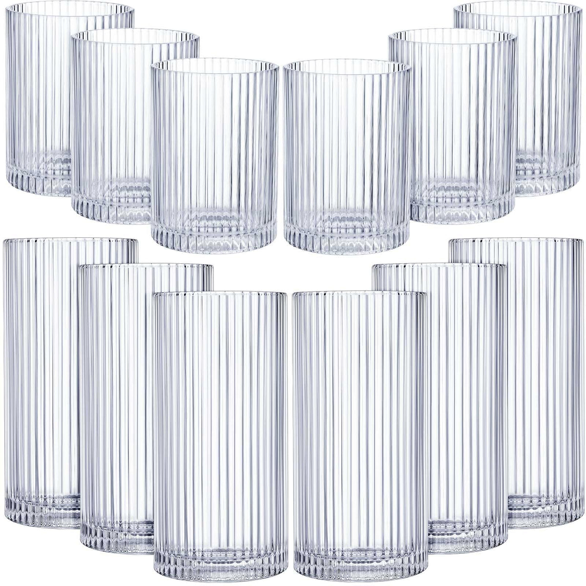 Zhehao 12 Pcs Ribbed Drinking Glasses Clear Vintage Cups Set, 9 oz 12 oz