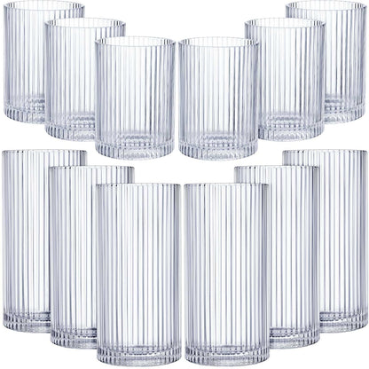 Zhehao 12 Pcs Ribbed Drinking Glasses Clear Vintage Cups Set, 9 oz 12 oz