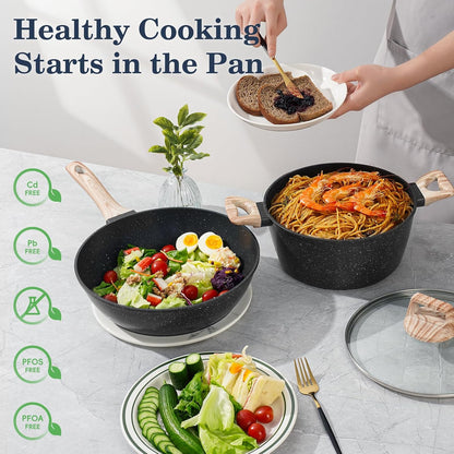 SODAY Pots and Pans Set Non Stick, 12Pcs Black Granite Induction Cookware