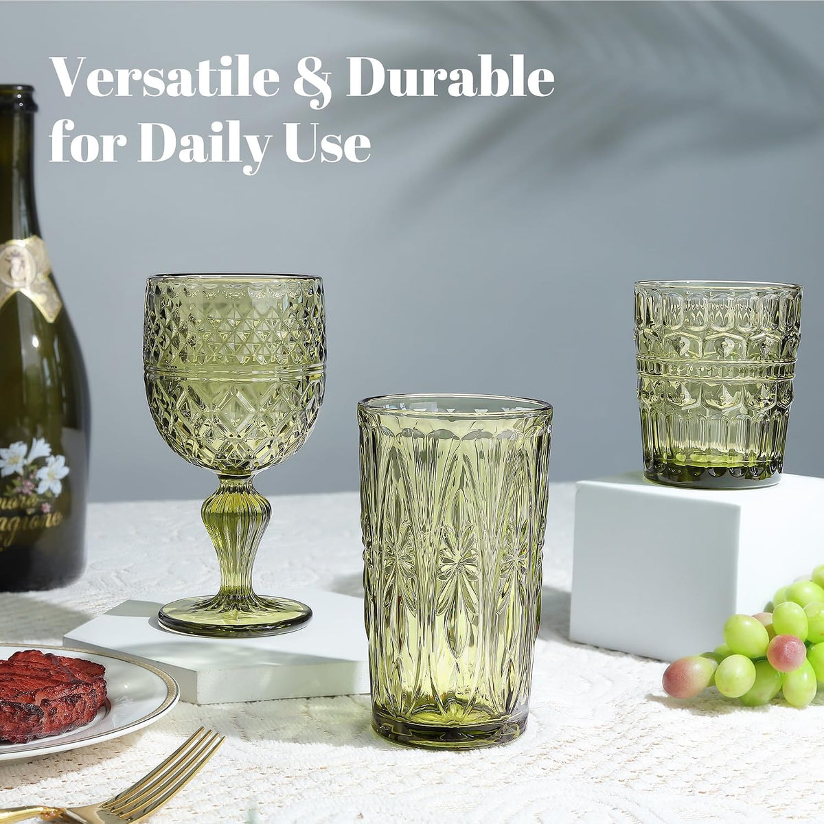 Joeyan Green Vintage Drinking Glasses,Embossed Highball Water Glass Tumbler
