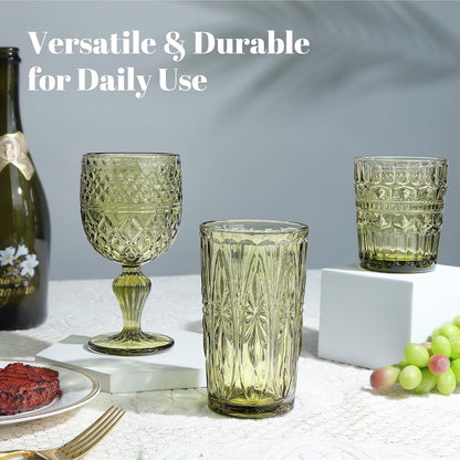 Joeyan Green Vintage Drinking Glasses,Embossed Highball Water Glass Tumbler