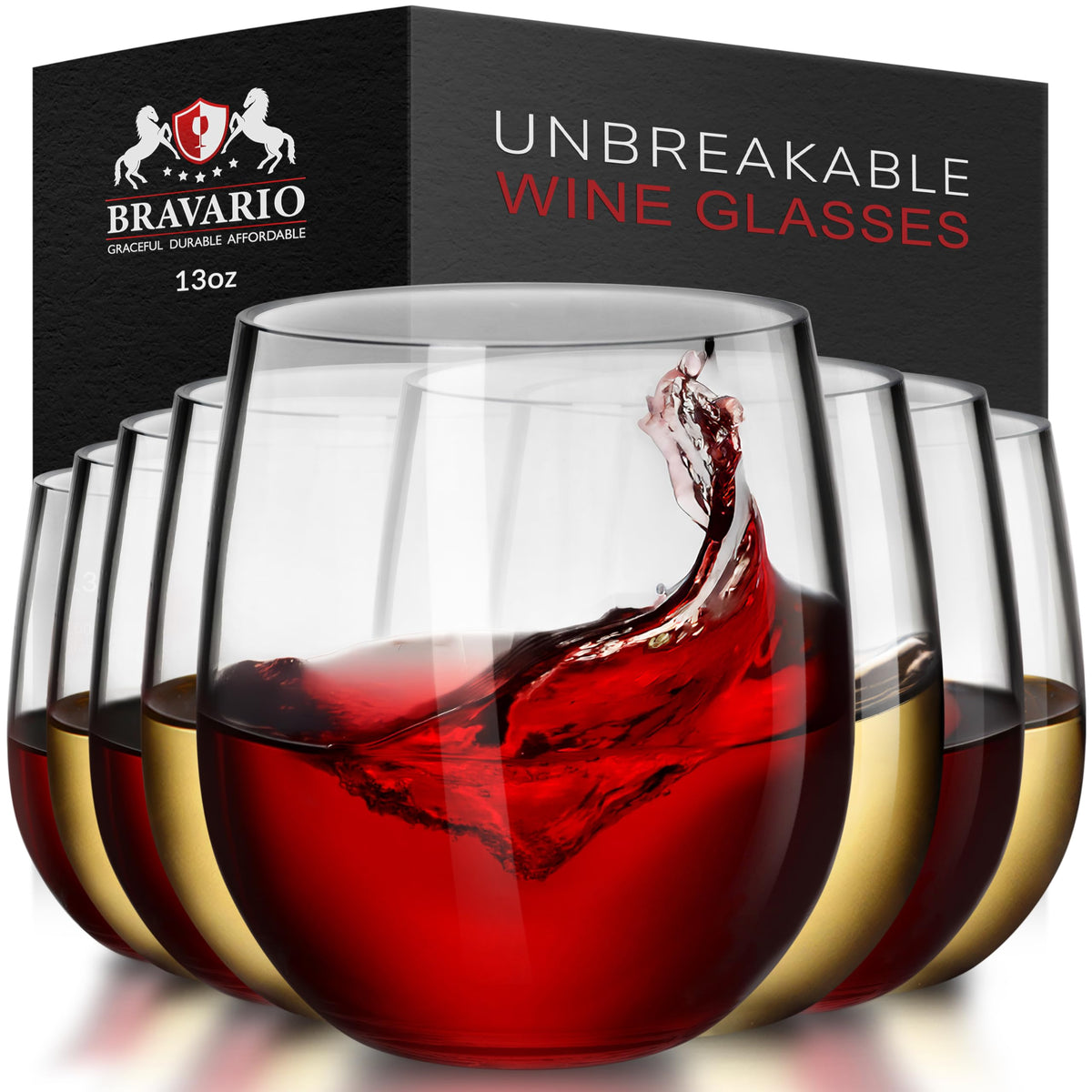 Bravario Unbreakable Stemless Plastic Wine Glasses | Reusable | Shatterproof 100% Tritan Plastic | Dishwasher-Safe | BPA-free | Awesome for Indoor & Outdoor | 16 oz, Set of 4