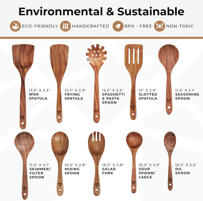 Wooden Spoons for Cooking – 10 Pcs Non Toxic Teak Kitchen Utensils Set
