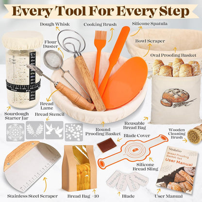 Sourdough Starter Kit with Bread Proofing Baskets, Jars, Baking Essentials