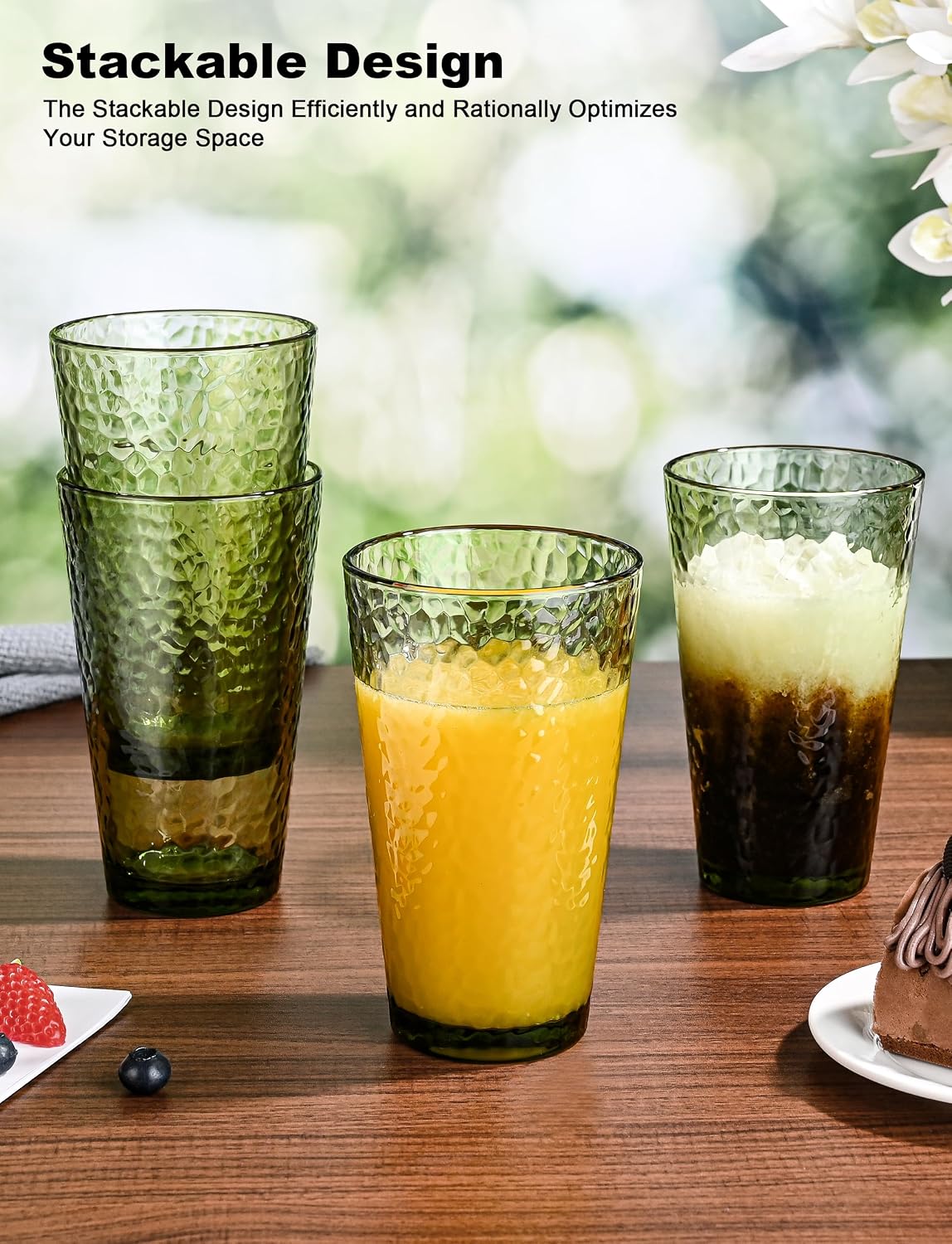 Amyoole Drinking Glasses Set of 8, 16oz Green Highball Water Glasses
