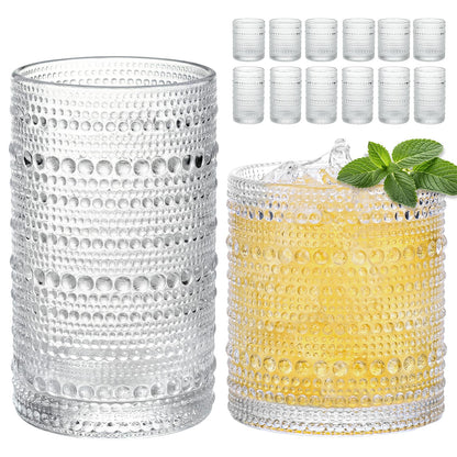 Moretoes Ribbed Glass Cups Set of 12 Drinking Glasses