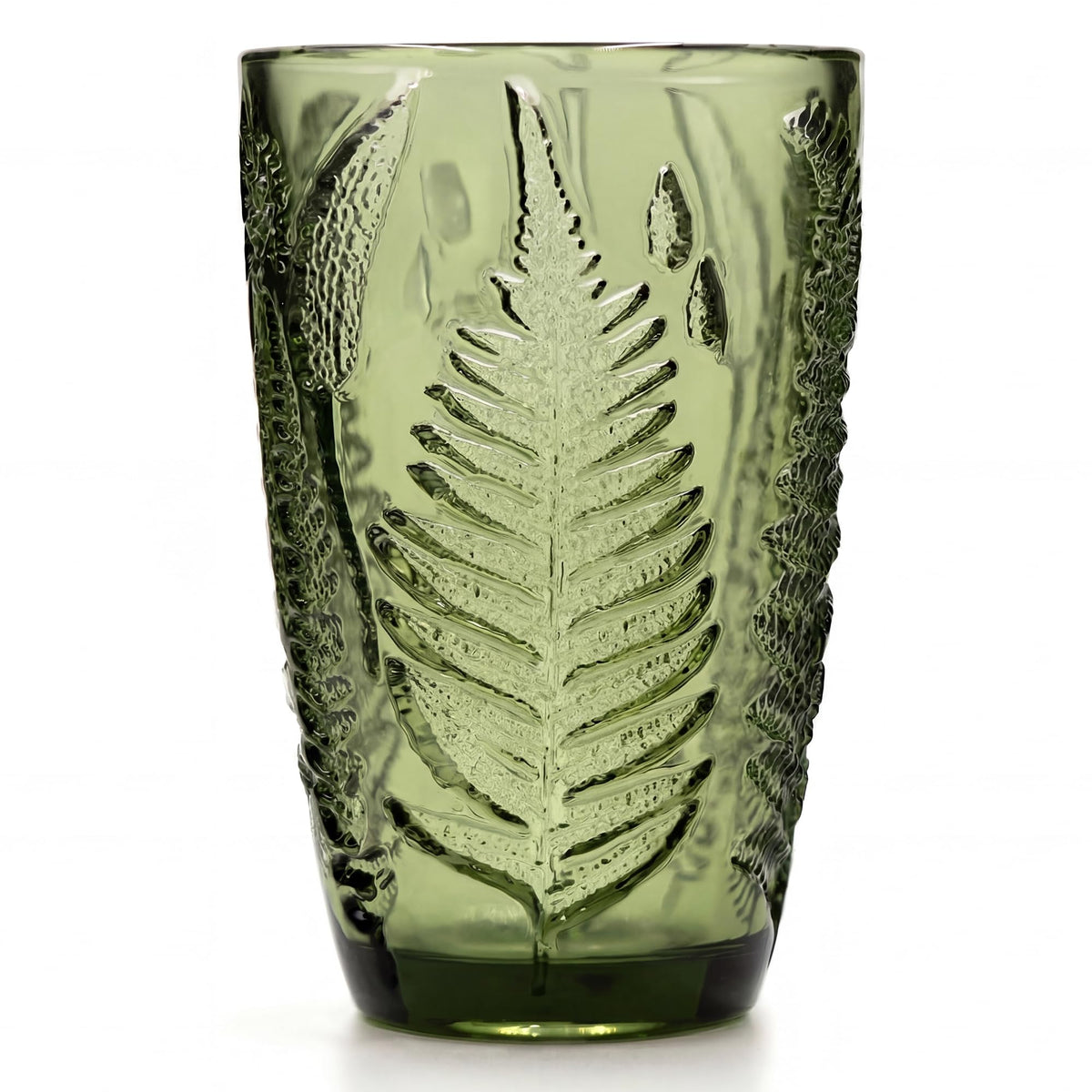 Green Drinking Glasses Set of 4, 12 oz Glass Cups, Vintage Fern Glassware