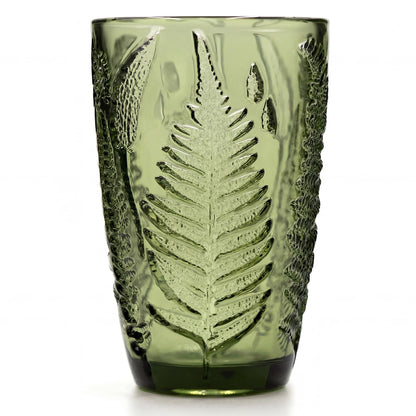 Green Drinking Glasses Set of 4, 12 oz Glass Cups, Vintage Fern Glassware