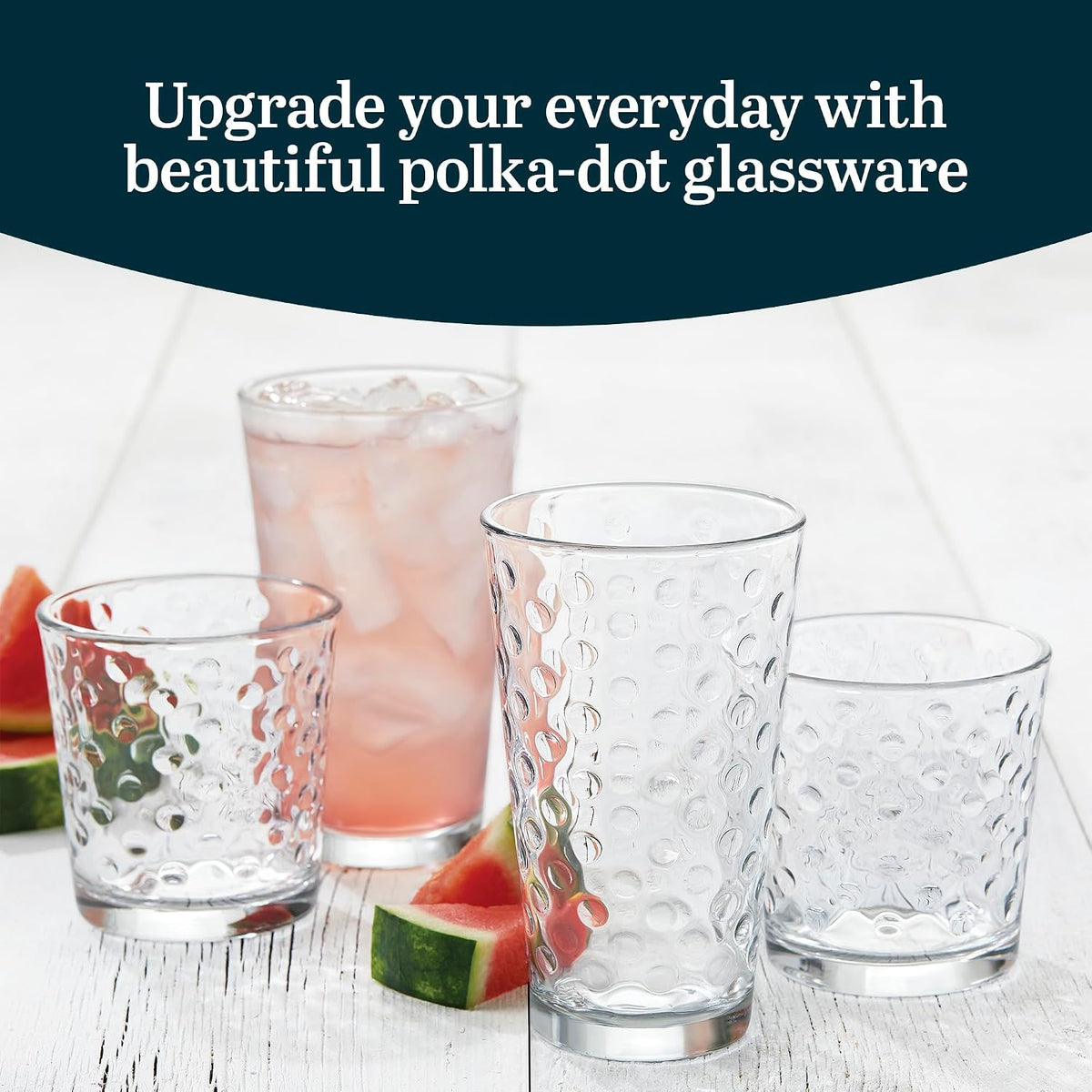 Libbey Awa Polka Dot Tumbler & Rocks Drinking Glasses Set of 16, Glass Cups