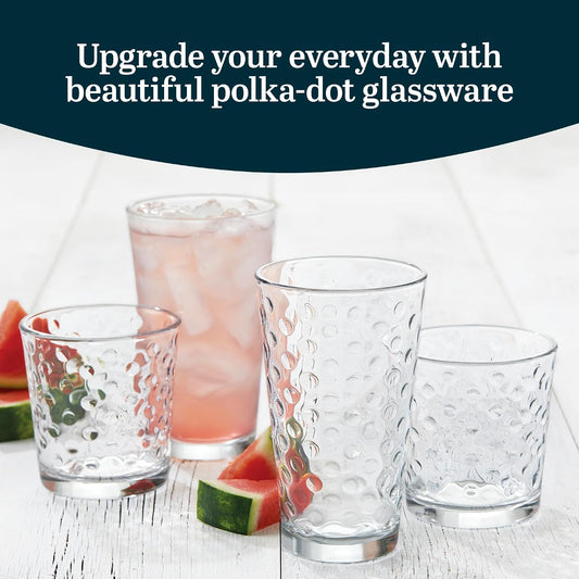 Libbey Awa Polka Dot Tumbler & Rocks Drinking Glasses Set of 16, Glass Cups