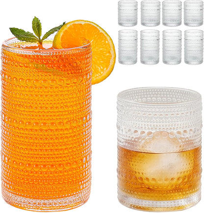 Vintage Hobnail Drinking Glasses Set of 8, 12 oz & 16 oz Highball Glasses, Clear Embossed Tumbler Cups, Kitchen & Bar Drinkware for Cocktail, Iced Coffee, Beer, Whiskey, Juice and Water
