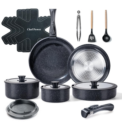 Chef Power Ceramic Cookware Set Non Toxic with Detachable Handles, Healthy Nonstick Pans and Pots Set 19 Pcs, Induction Dishwasher Oven Safe Kitchen Set, PFAS PFOA & PTFE Free, Cream White