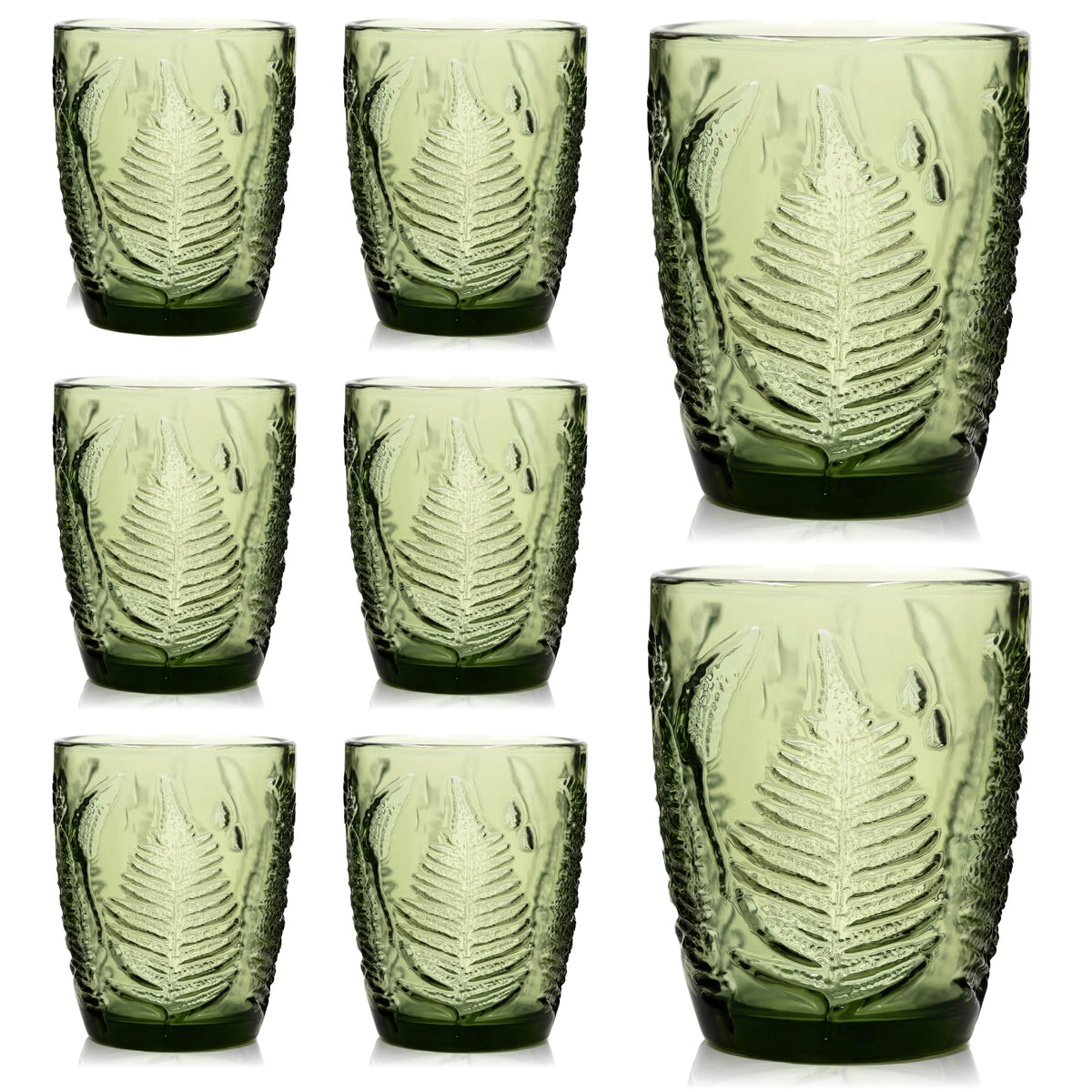 Green Drinking Glasses Set of 4, 12 oz Glass Cups, Vintage Fern Glassware