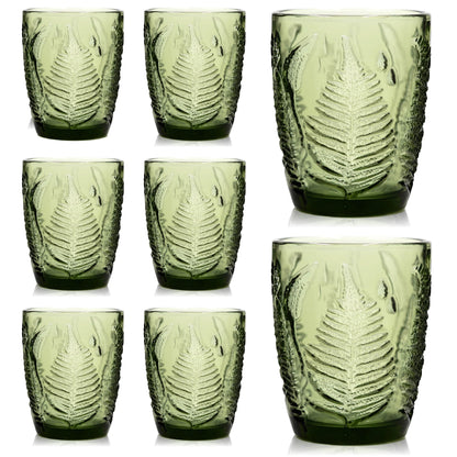 Green Drinking Glasses Set of 4, 12 oz Glass Cups, Vintage Fern Glassware