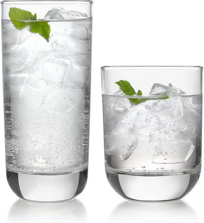 Libbey Polaris Tumbler & Rocks Drinking Glasses Set of 16, Clear Glass Cups
