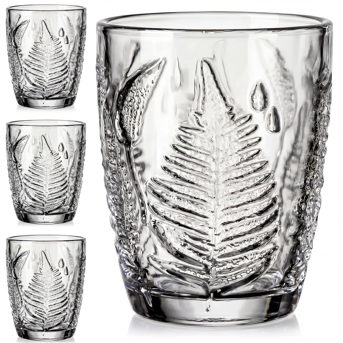Green Drinking Glasses Set of 4, 12 oz Glass Cups, Vintage Fern Glassware