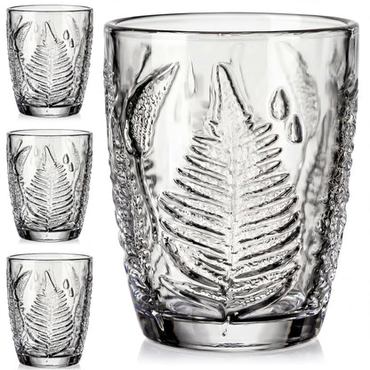 Green Drinking Glasses Set of 4, 12 oz Glass Cups, Vintage Fern Glassware