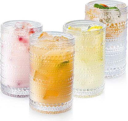 Hobnail Drinking Glasses Set of 4, Art Deco Vintage Glassware, 12 oz Tall Crystal Tumblers, Clear Embossed Glass Cups, Romantic Iced Beverage Glass, for Beer, Cocktail, Soda, Cappuccino