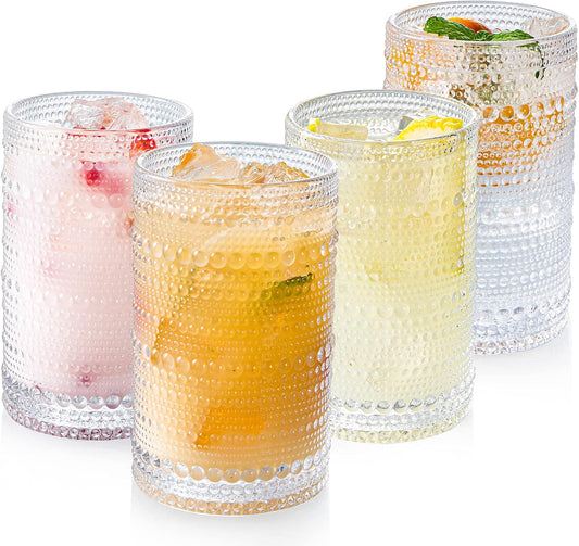 Hobnail Drinking Glasses Set of 4, Art Deco Vintage Glassware, 12 oz Tall Crystal Tumblers, Clear Embossed Glass Cups, Romantic Iced Beverage Glass, for Beer, Cocktail, Soda, Cappuccino