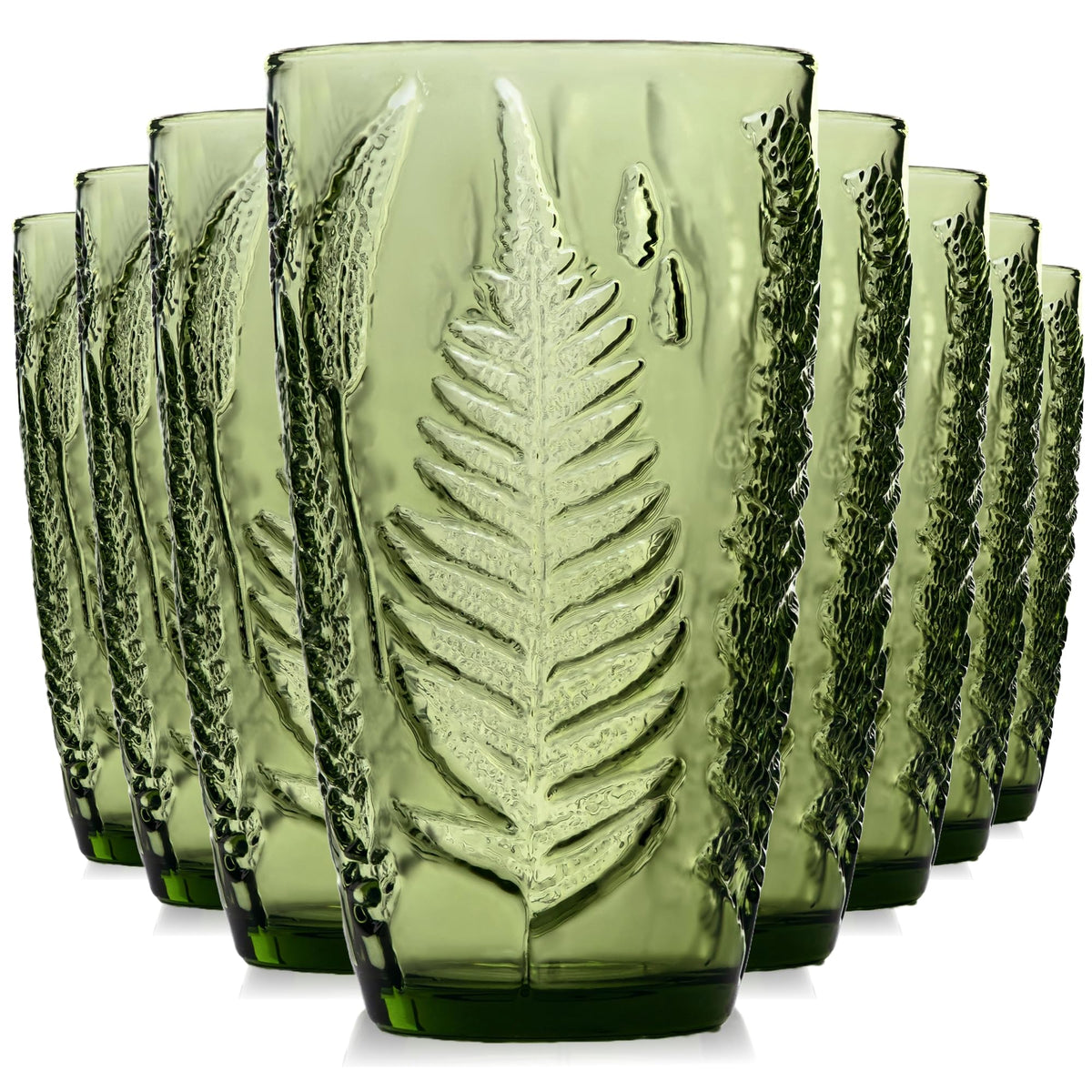 Green Drinking Glasses Set of 4, 12 oz Glass Cups, Vintage Fern Glassware