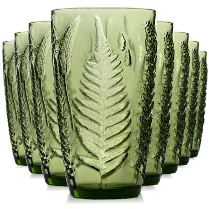 Green Drinking Glasses Set of 4, 12 oz Glass Cups, Vintage Fern Glassware