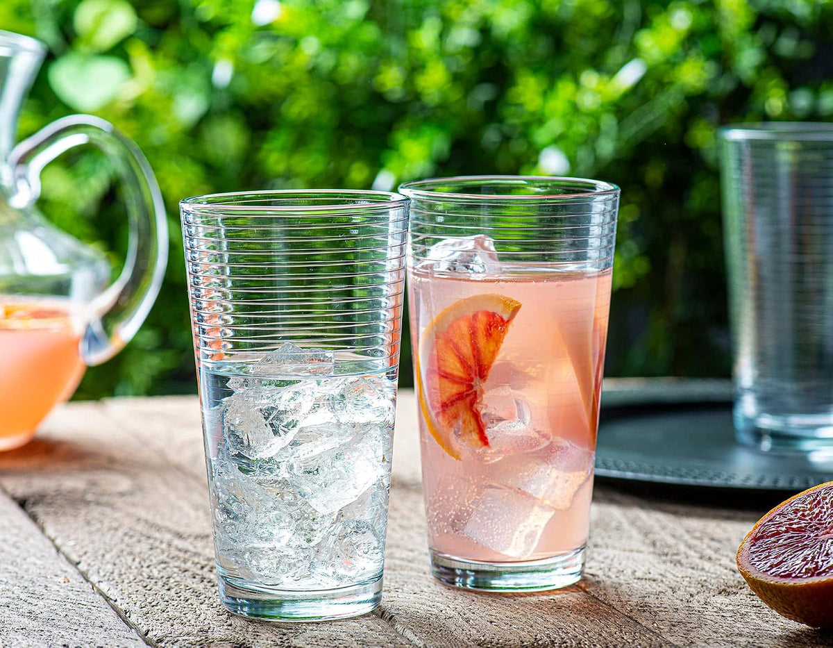 Le'raze Set of 16 Heavy Base Ribbed Durable Drinking Glasses Includes 8 Cooler Glasses (17oz) and 8 Rocks Glasses (13oz), Clear Glass Cups - Elegant Glassware Set