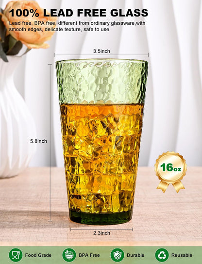 Amyoole Drinking Glasses Set of 8, 16oz Green Highball Water Glasses