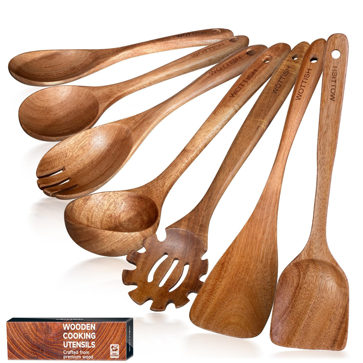 Wooden Spoons for Cooking - 8-Piece Wooden Kitchen Utensil Set made of Natural Solid Wood Material-Includes Spoons,Spatulas,Ladles,Mixing Spoon and Utensil Holder,Holiday Gifts(A08)